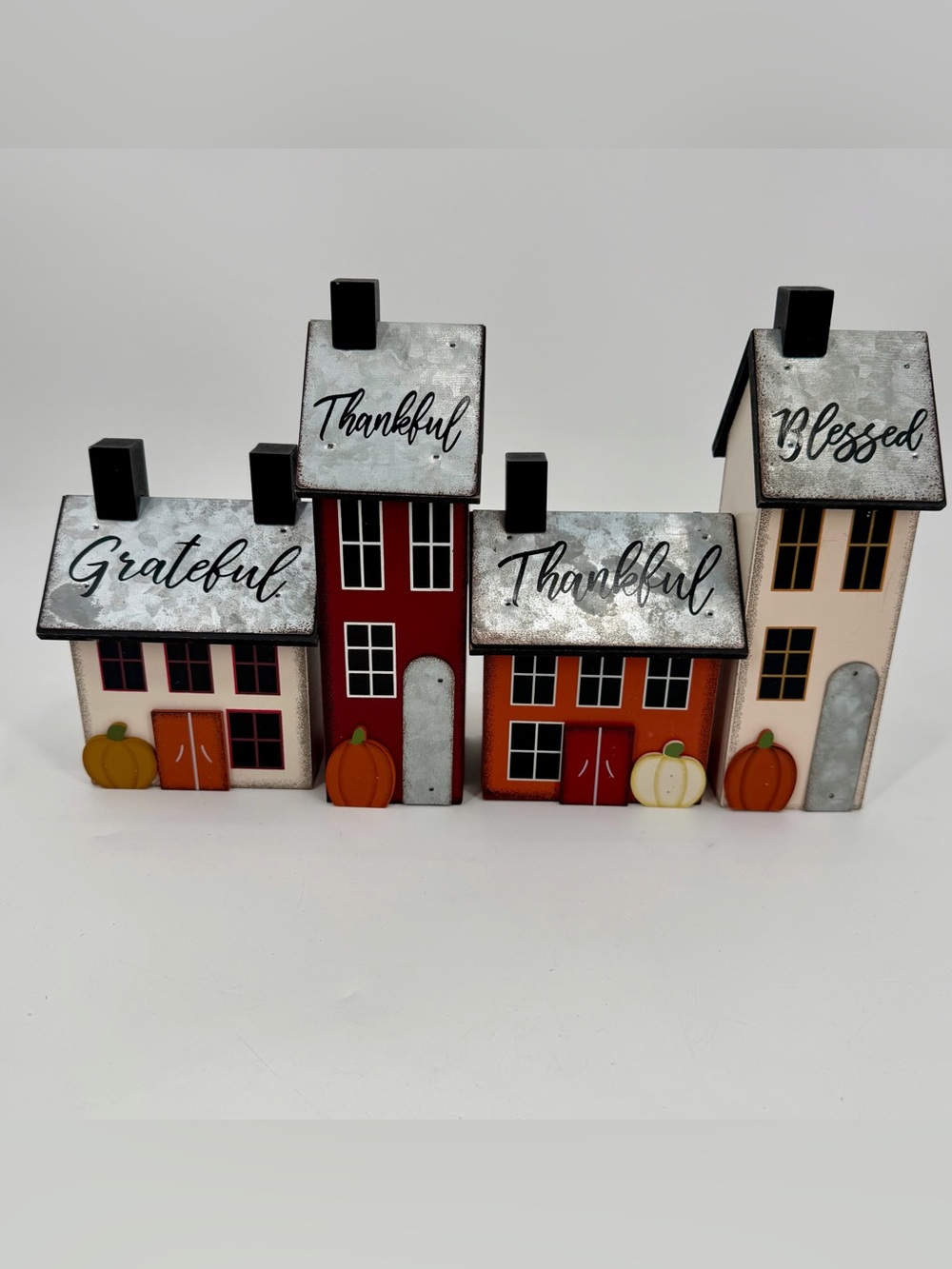 Wood House Decor Set of 4 Fall Thanksgiving Table Accessories Thankful Autumn